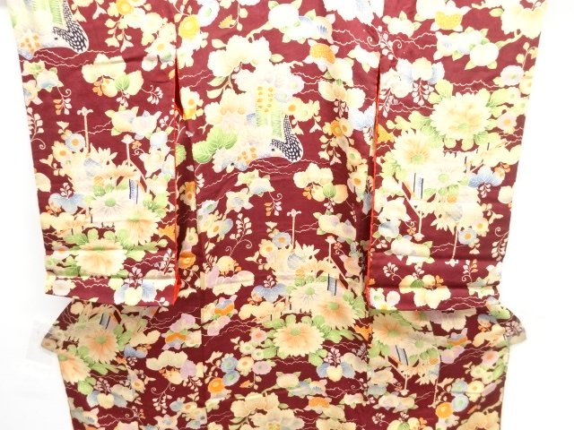 JAPANESE KIMONO / ANTIQUE KIMONO / SILK / KINSHA / CARRIAGE & FLOWER